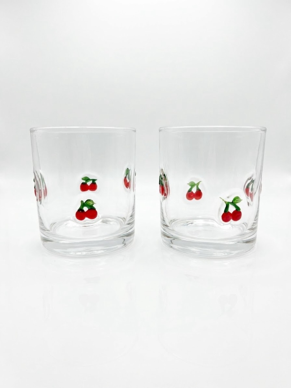 Cherry Icon & Green Leaf Motif Clear Glass Tumbler Pair Unbranded Coquette